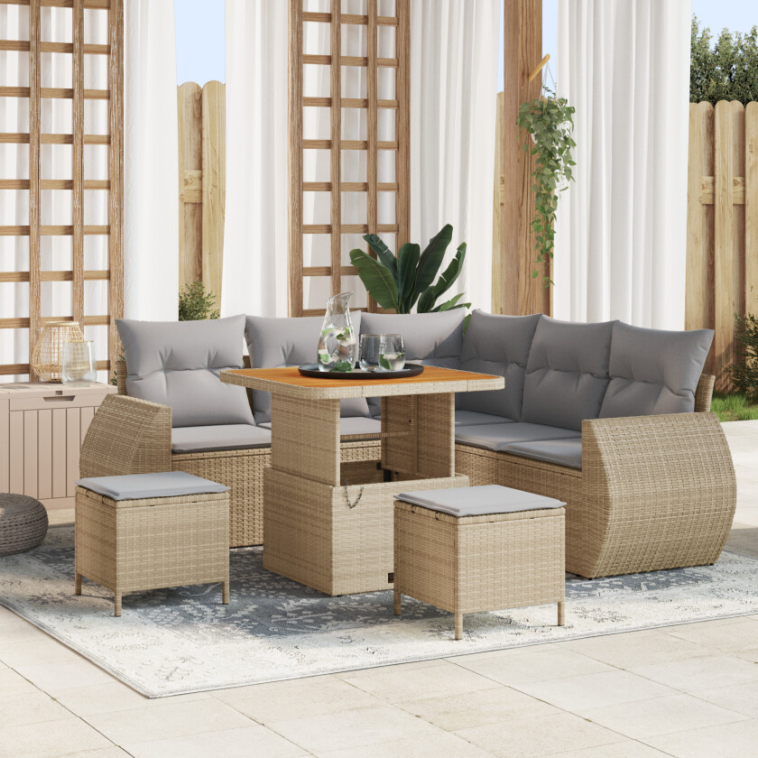 8-delers hagesofa sett med puter i beige poly rattan akacia, 3-delers hage spisebordsett med puter i beige poly rattan akacia
