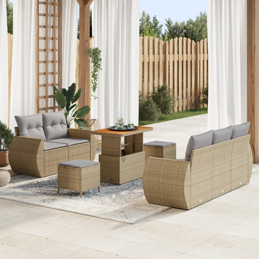 8-Piece Hage Sofa Sett med Puter Beige Poly Rattan Akacia, 3-Piece Hage Spisesett med Puter Beige Poly Rattan Akacia