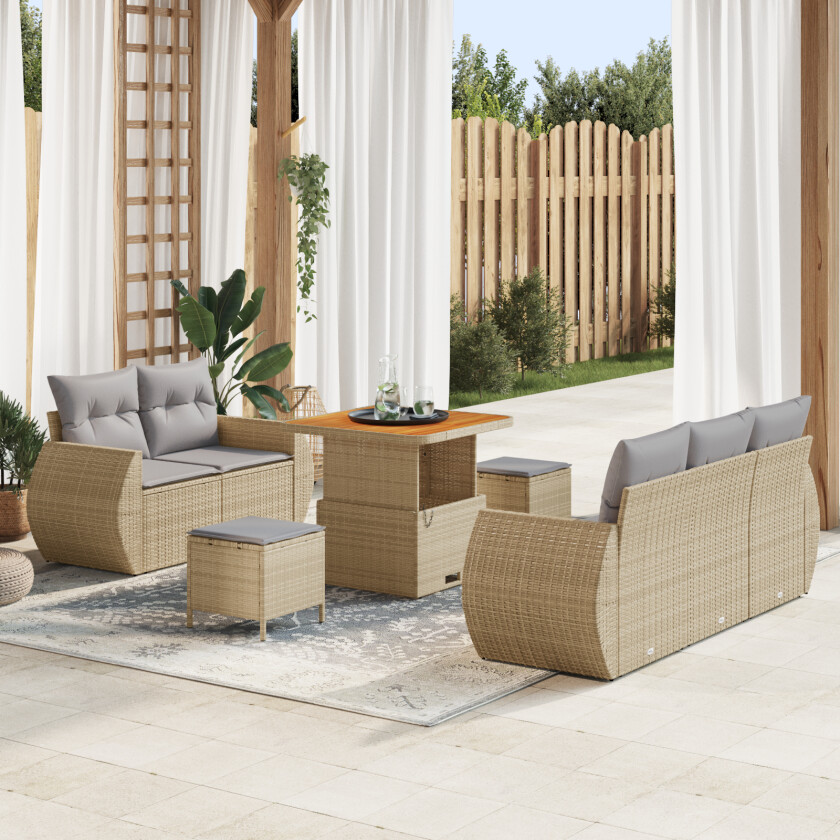 8 Delers Hagemøbelsett med Puter Beige Poly Rattan Akacia, 3 Delers Hage Spisesett med Puter Beige Poly Rattan Akacia