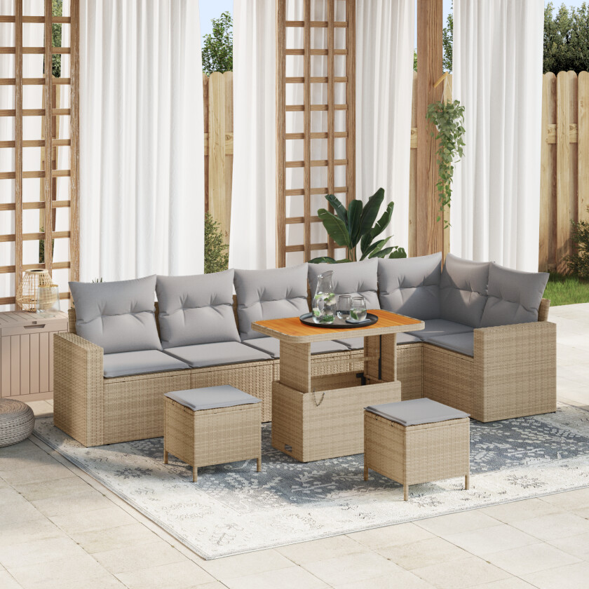 9 Delt Hage Sofa Sett med Puter Beige Poly Rattan Akacia, 3 Delt Hage Spise Sett med Puter Beige Poly Rattan Akacia