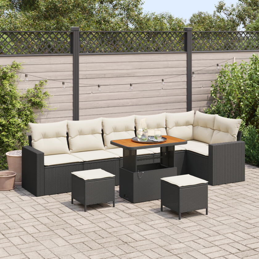 9-Delt Hage Sofa Set med Puter Svart Poly Rattan Akasie, 3-Delt Hage Spisesett med Puter Svart Poly Rattan Akasie