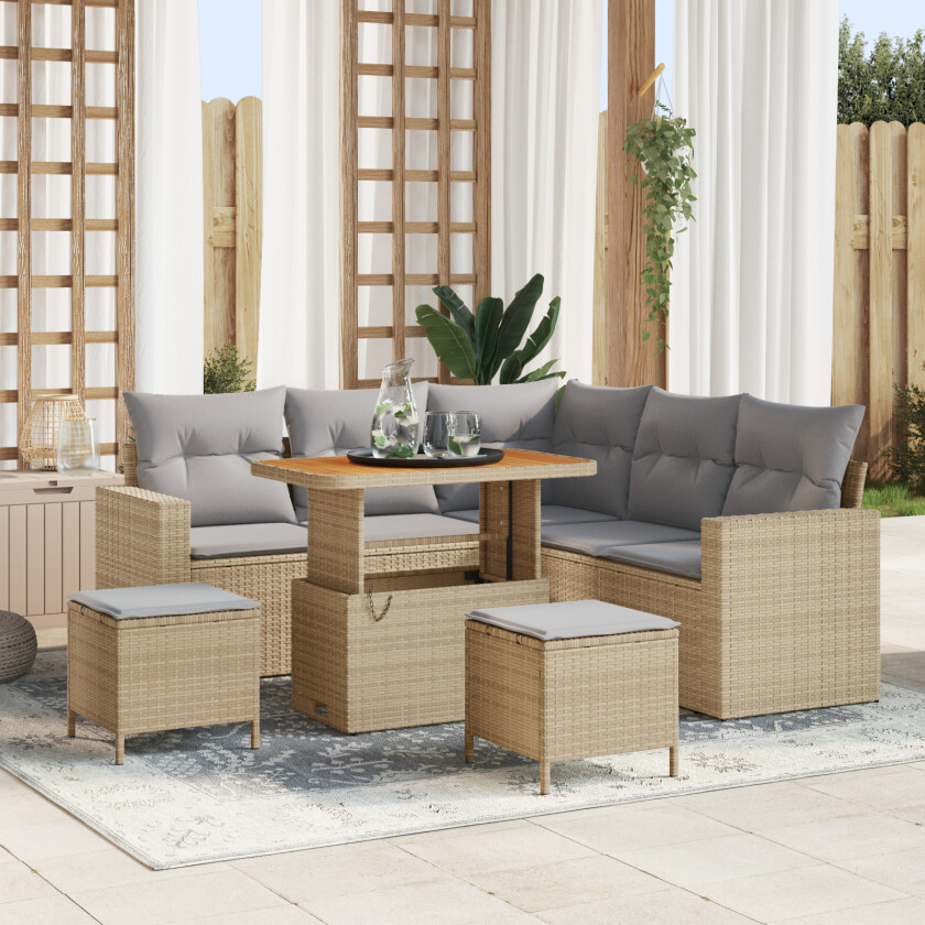 8-delt Hage Sofa Sett med Puter Beige Poly Rattan Akacia, 3-delt Hage Spise Sett med Puter Beige Poly Rattan Akacia