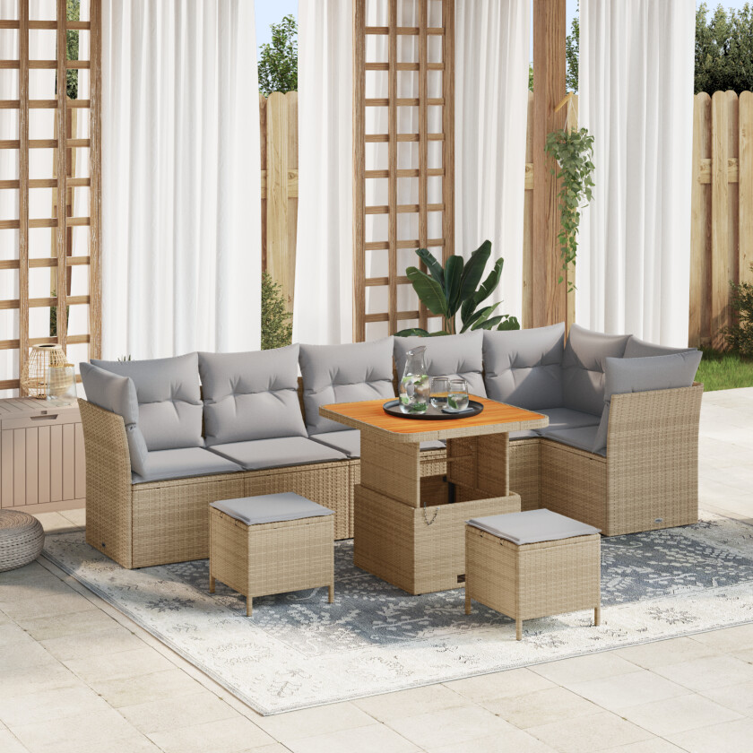 9-delt Hagesofa Sett med Puter Beige Poly Rattan Akacia, 3-delt Hage Spise Sett med Puter Beige Poly Rattan Akacia