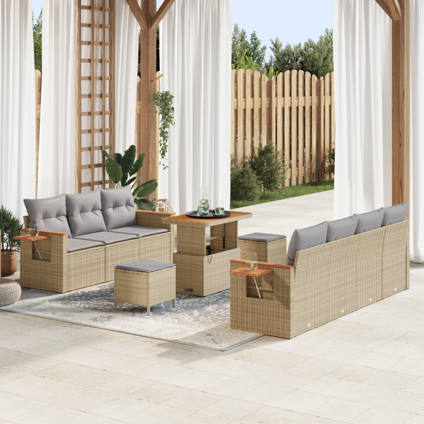 10 Delt Hagesofa Sett med Puter Beige Poly Rotting Akasie, 3 Delt Hage Dining Sett med Puter Beige Poly Rotting Akasie