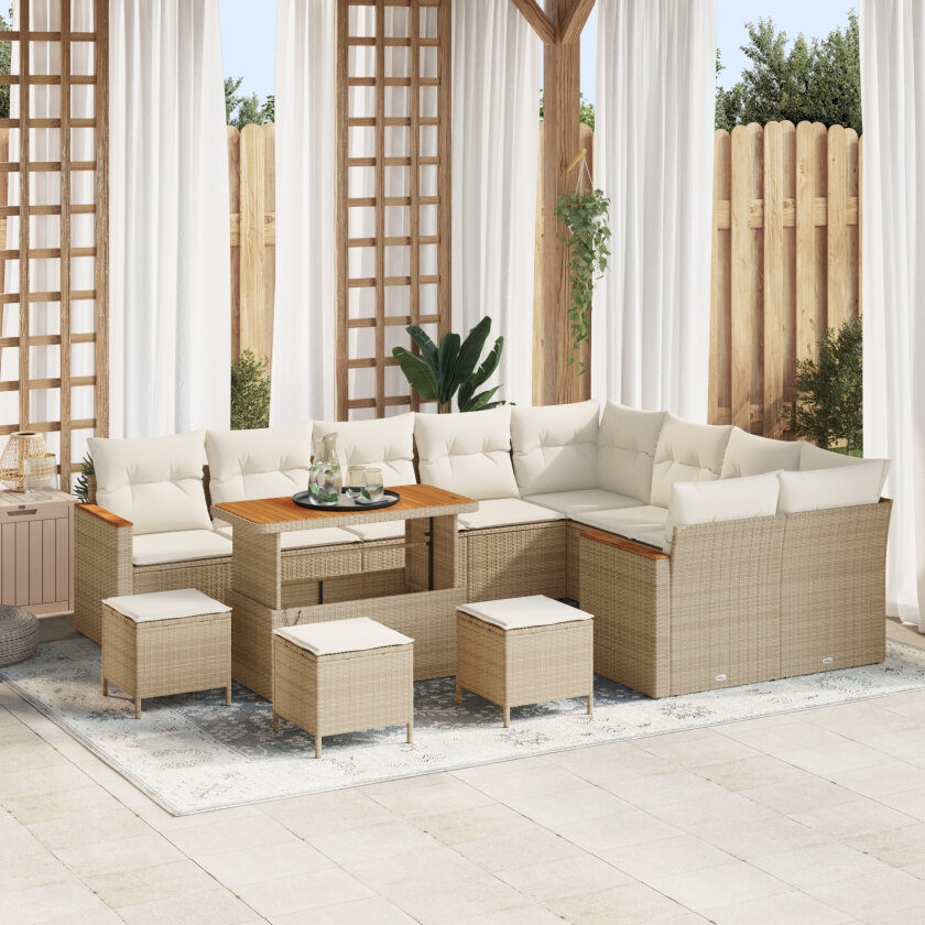 13 deler hagesofa sett med puter beige polyrotting akacia, 4 deler hage spisebord sett med puter beige polyrotting akacia