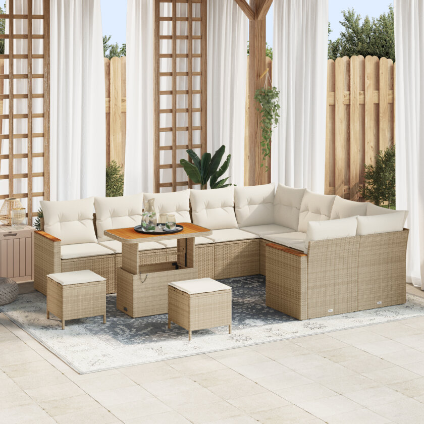 12-delt hagesofagruppe med puter Beige Poly Rottning Akasia, 3-delt hage spisegruppe med puter Beige Poly Rottning Akasia