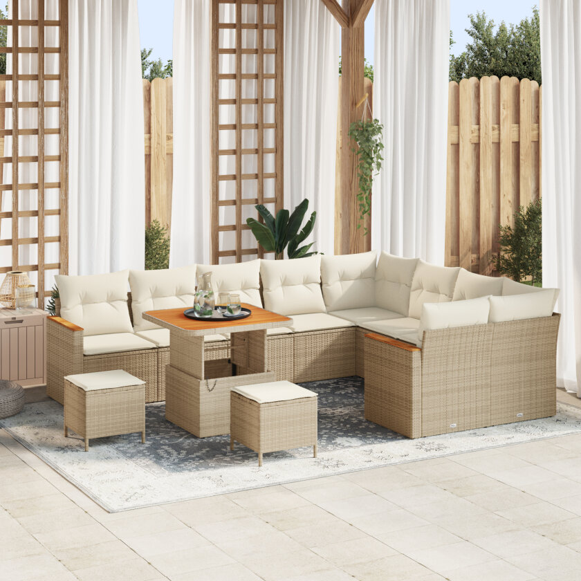 12 Delt Hagesofa sett med puter Beige Polyrotting Akasia, 3 Delt Hage Spisestue sett med puter Beige Polyrotting Akasia