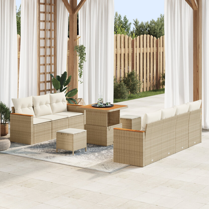 10-delers hage sofa-sett med puter beige poly rattan akacia, 3-delers hage spisebordsett med puter beige poly rattan akacia