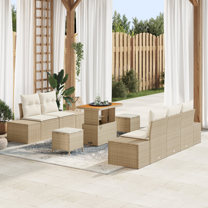 8-delt hage-sofa sett med puter beige polyrotting akacia, 2-seter hage-sofa med puter beige polyrotting, 3-delt hage spisestue sett med puter beige polyrotting akacia