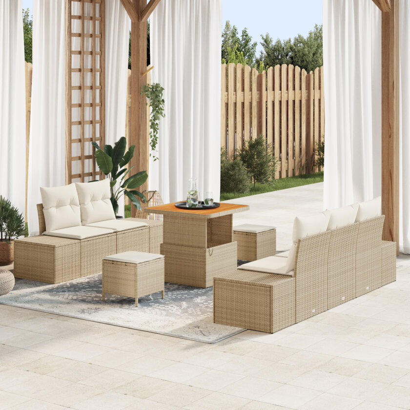 8 Delt Hagemøbelsett med Puter Beige Poly Rattan Akasie, 2-seters Hage Sofa med Puter Beige Poly Rattan, 3 Delt Hage Spisesett med Puter Beige Poly Rattan Akasie