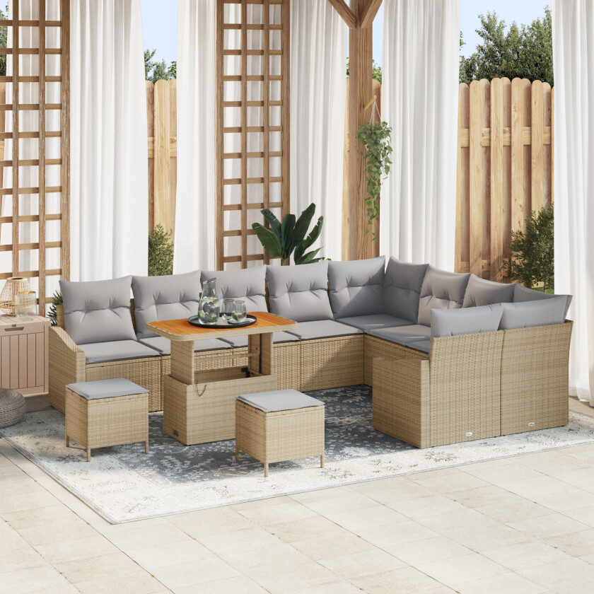 12 Delers Hage Sofa Sett med Puter Beige Poly Rattan Akacia, 3 Delers Hage Spise Sett med Puter Beige Poly Rattan Akacia, 2-seters Hage Sofa med Puter Beige Poly Rattan