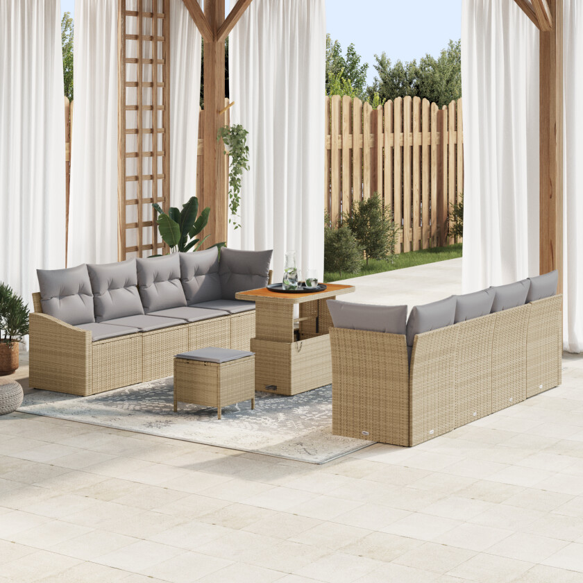 11 delers Hagesofa Sett med Puter Beige Poly Rattan Akacia, 2-seters Hagesofa med Puter Beige Poly Rattan, 3 delers Hage Spise Set med Puter Beige Poly Rattan Akacia