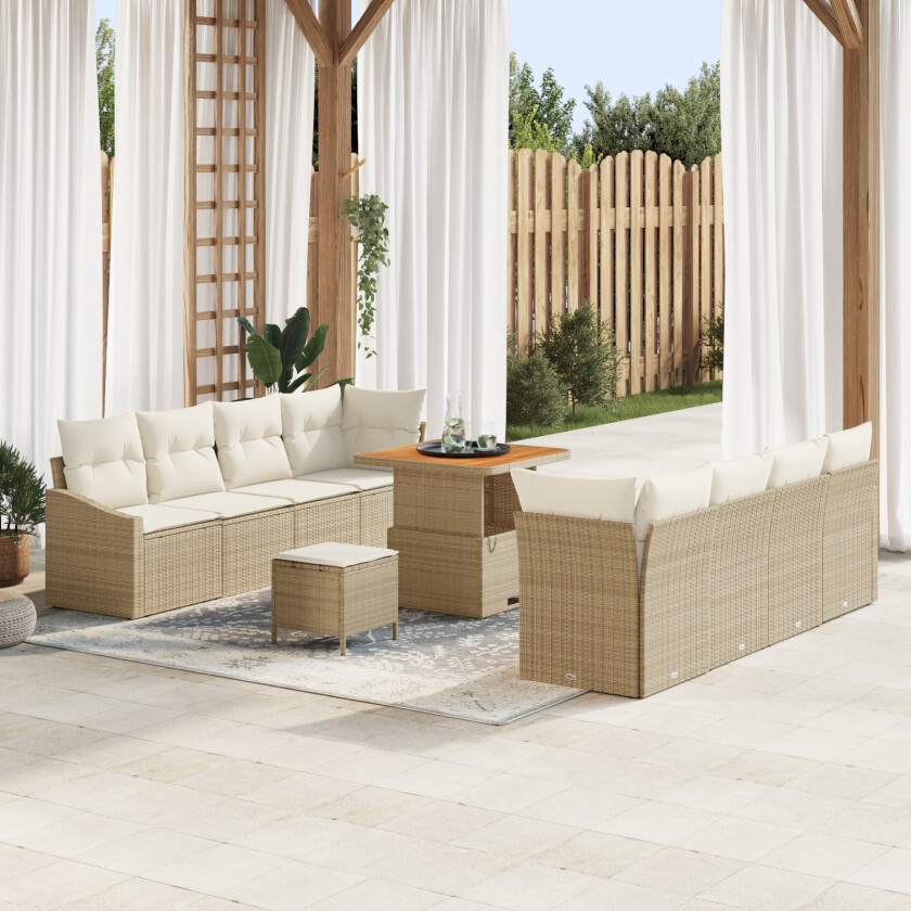 11 Delt Hagesofa Sett med Puter Beige Poly Rattan Akasia, 2-seters Hagesofa med Puter Beige Poly Rattan, 3 Delt Hage Spise Sett med Puter Beige Poly Rattan Akasia