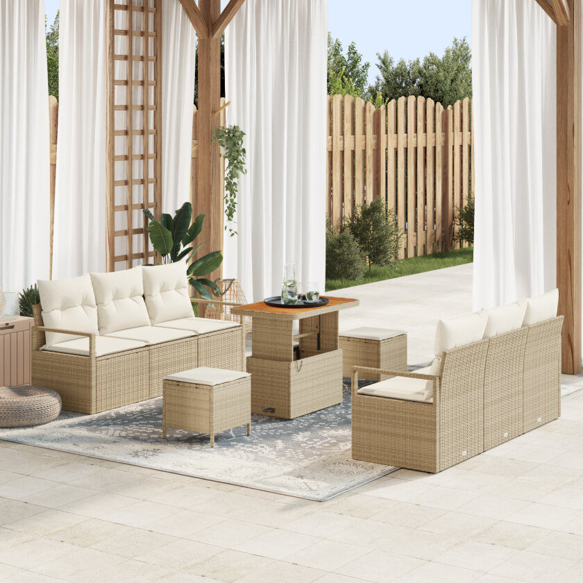9 Delt Hage Sofa Set med Puter Beige Poly Rattan Akasia, 2-seters Hage Sofa med Puter Beige Poly Rattan, 3 Delt Hage Spisesett med Puter Beige Poly Rattan Akasia