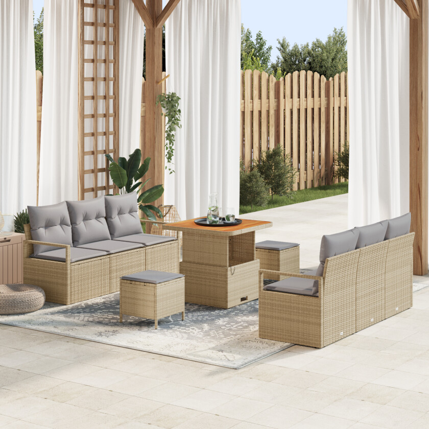 9 Deler Hagesofa Sett med Pute Beige Poly Rattan, 2-seters Hagesofa med Pute Beige Poly Rattan, 3 Deler Hage Spisesett med Pute Beige Poly Rattan