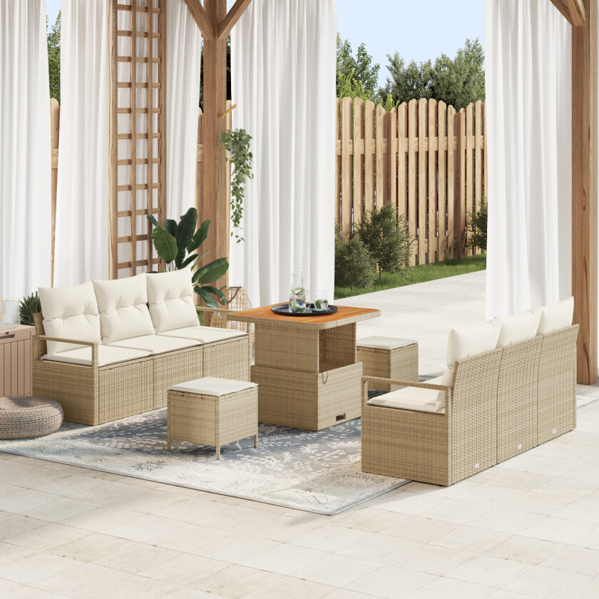 9-delt hagesofa-sett med puter Beige poly rattan akasie, 2-seters hagesofa med puter Beige poly rattan, 3-delt hage spisebord-sett med puter Beige poly rattan akasie