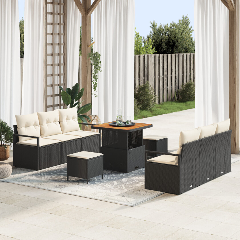 9 Delt Hage Sofa Set med Puter Svart Poly Rattan Akacia, 2-seters Hage Sofa med Puter Svart Poly Rattan, 3 Delt Hage Spise Set med Puter Svart Poly Rattan Akacia