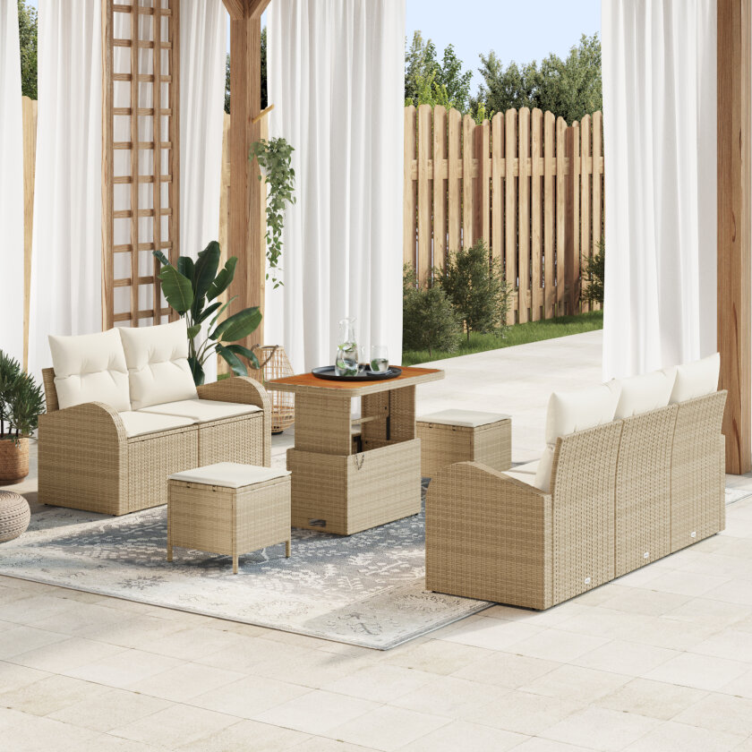 8 Delers Hage Sofa Sett med Puter Beige Poly Rattan Akacia, 2-seters Hage Sofa med Puter Beige Poly Rattan, 3 Delers Hage Spise Sett med Puter Beige Poly Rattan Akacia