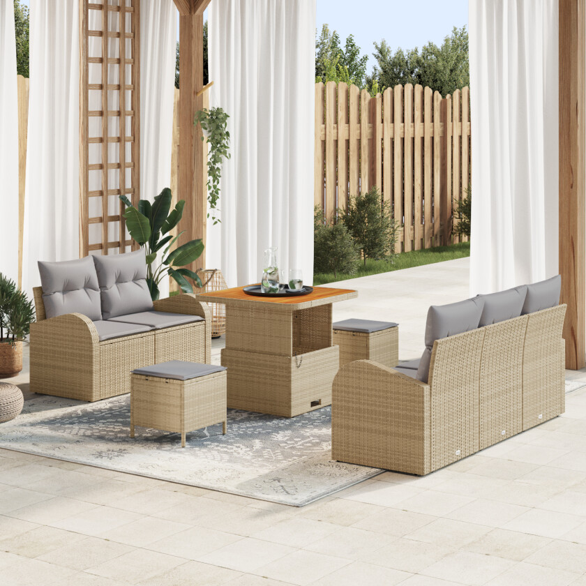 8 Delers Hagemøbel Sett med Puter Beige Poly Rattan Akasie, 2-seters Hage Sofa med Puter Beige Poly Rattan, 3 Delers Hage Spisestue Sett med Puter Beige Poly Rattan Akasie