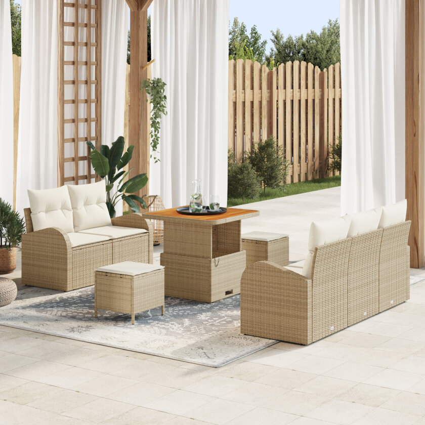 8 Delt Hage Sofa Sett med Puter Beige Poly Rattan Akacia, 2-seters Hage Sofa med Puter Beige Poly Rattan, 3 Delt Hage Spise Sett med Puter Beige Poly Rattan Akacia