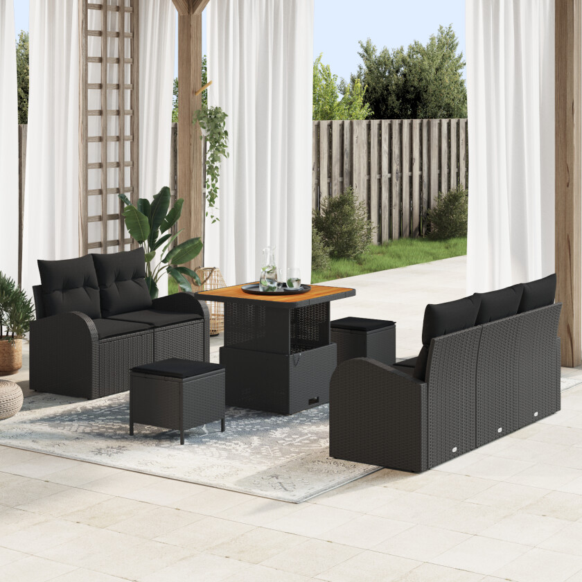 8-delt hage-sofa-sett med puter svart poly rattan akasie, 2-seters hage-sofa med puter svart poly rattan, 3-delt hage-spise-sett med puter svart poly rattan akasie