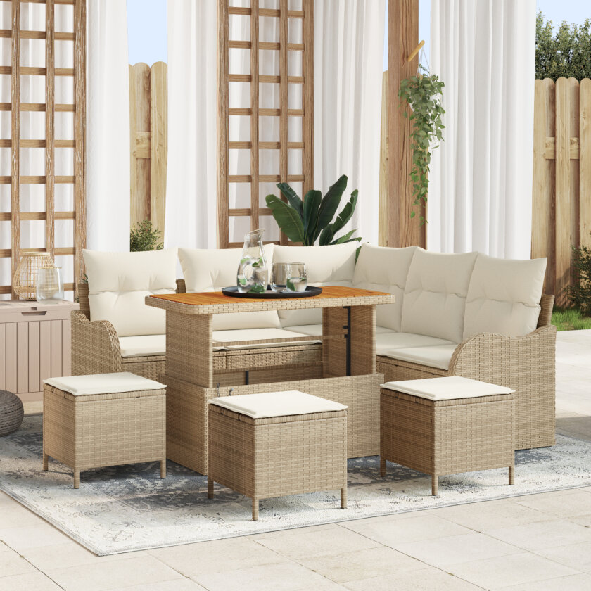 9 Delt Hage Sofa Set med Puter Beige Poly Rattan Akacia, 2-seters Hage Sofa med Puter Beige Poly Rattan, 4 Delt Hage Spise Set med Puter Beige Poly Rattan Akacia