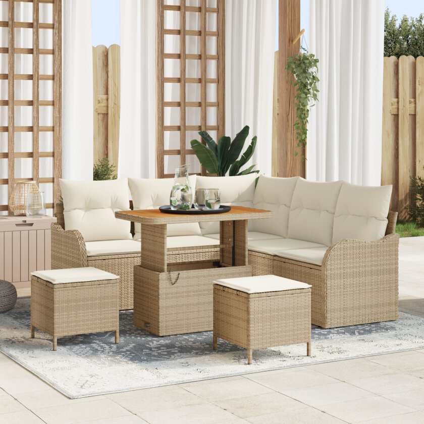 8-delt hagemøbelsett med puter Beige Poly Rattan Akacia, 2-seters hagemøbel med puter Beige Poly Rattan, 3-delt hage spisegruppe med puter Beige Poly Rattan Akacia