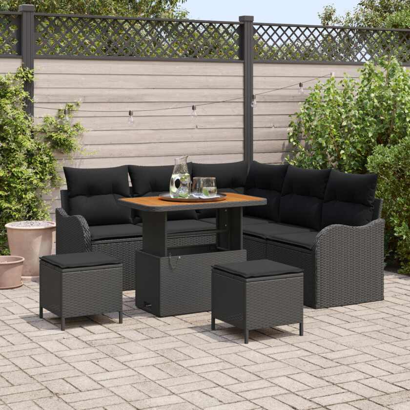8 Delt Hagesofa Sett Med Puter Svart Poly Rattan Akacia, 2-seter Hagesofa Med Puter Svart Poly Rattan, 3 Delt Hage Spisesett Med Puter Svart Poly Rattan Akacia
