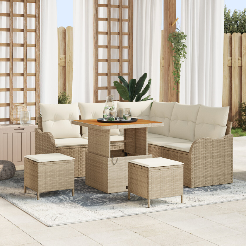 8 Delers Hagesofa-sett med puter Beige Poly Rattan Akasie, 2-seters Hagesofa med puter Beige Poly Rattan, 3 Delers Hage-diningsett med puter Beige Poly Rattan Akasie