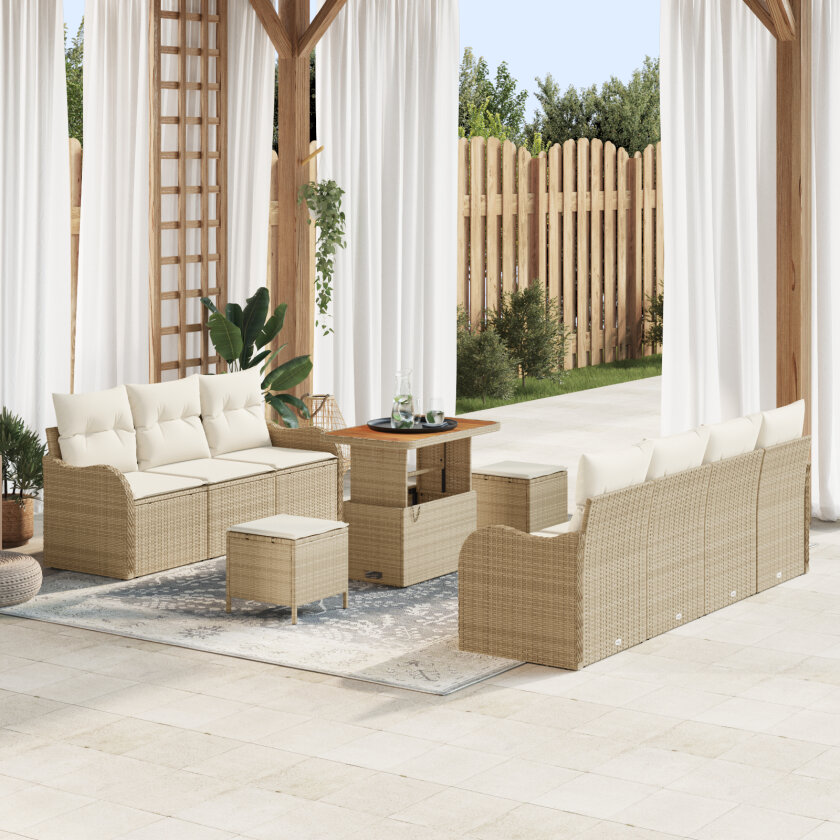 10-delt hagesofa sett med puter Beige Poly Rotting Akasie, 2-seters hagesofa med puter Beige Poly Rotting, 3-delt hage spisebord sett med puter Beige Poly Rotting Akasie