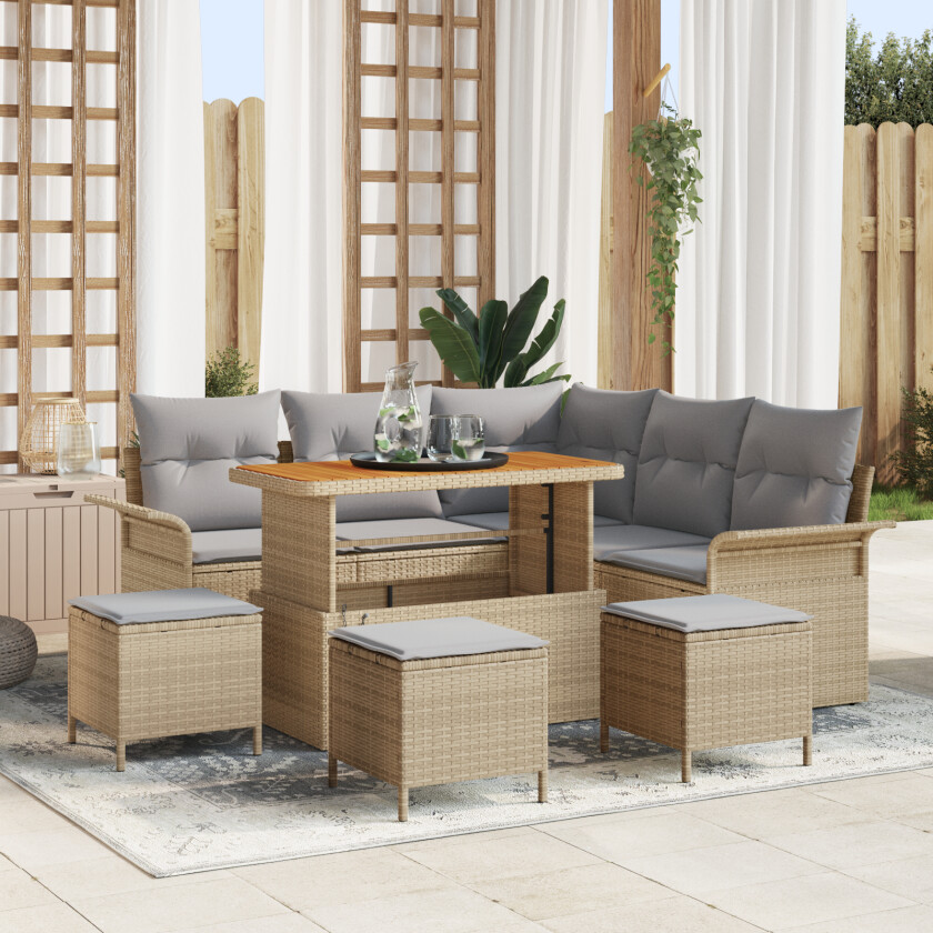 9 Delt Hagesofa Sett med Puter Beige Poly Rattan Acacia, 2-seter Hagesofa med Puter Beige Poly Rattan, 4 Delt Hage Spise Sett med Puter Beige Poly Rattan Acacia
