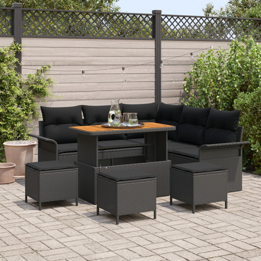 9-delers Hage Sofa Set med Puter Svart Poly Rattan Akacia, 2-seters Hage Sofa med Puter Svart Poly Rattan, 4-delers Hage Spise Set med Puter Svart Poly Rattan Akacia