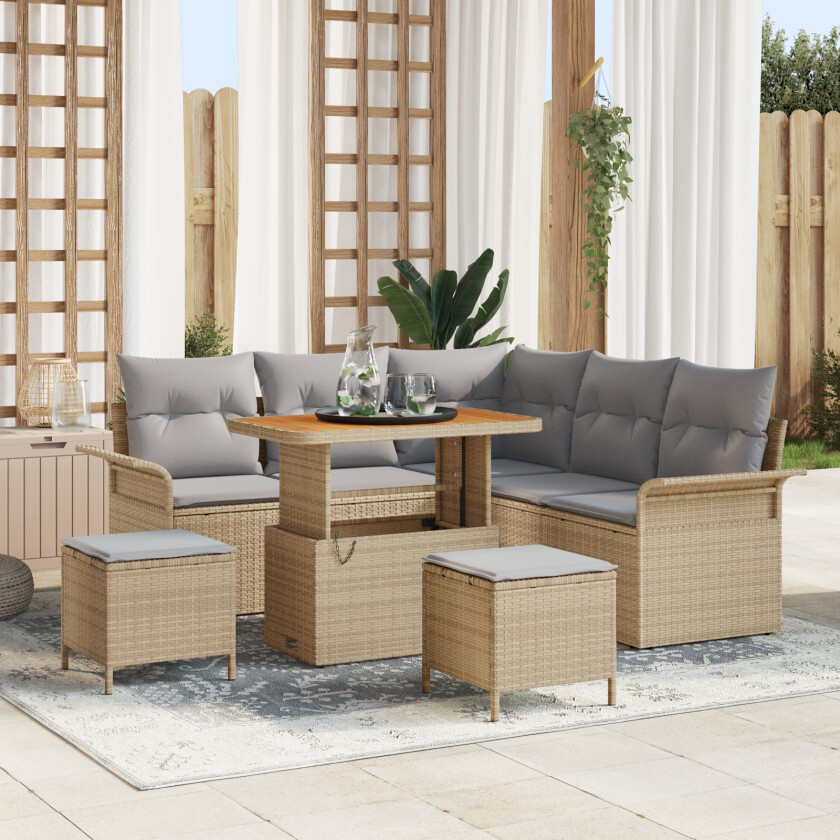 8-delt hagemøbelsett med puter Beige Poly Rattan Akasie, 2-seters hagesofa med puter Beige Poly Rattan, 3-delt hagematset med puter Beige Poly Rattan Akasie