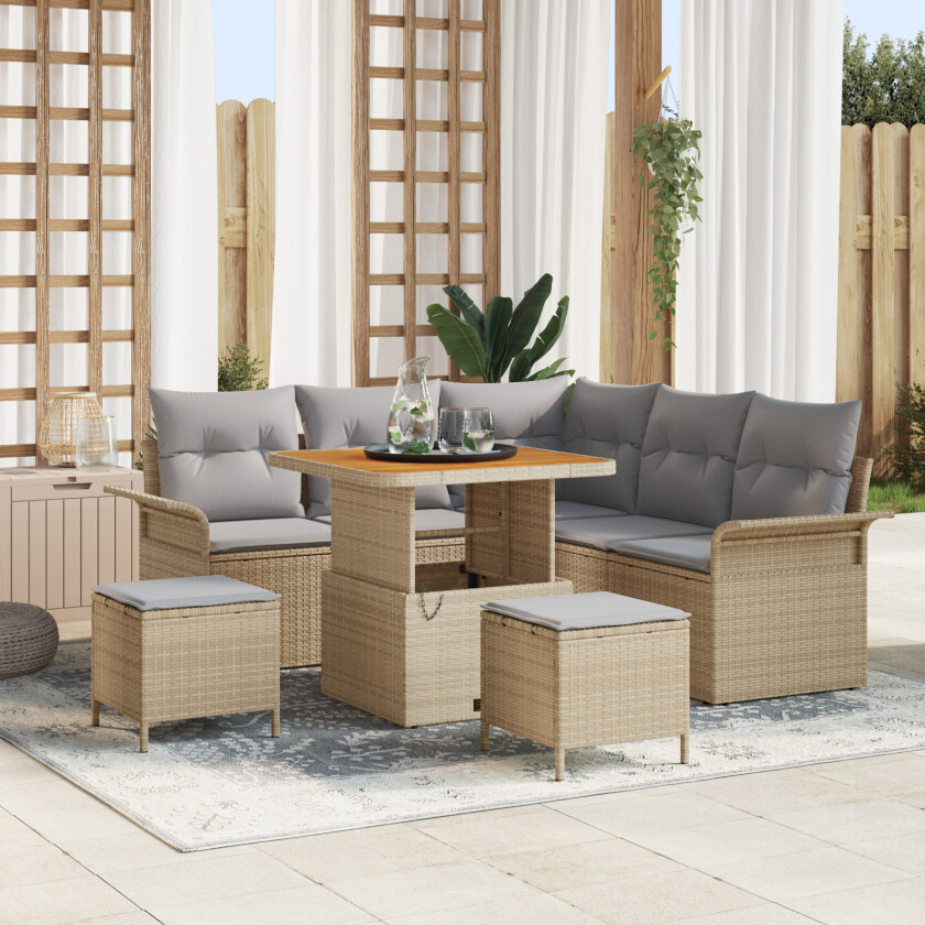 8 Delers Hage Sofa Set med Puter Beige Poly Rattan Akasie, 2-seters Hage Sofa med Puter Beige Poly Rattan, 3 Delers Hage Spise Set med Puter Beige Poly Rattan Akasie