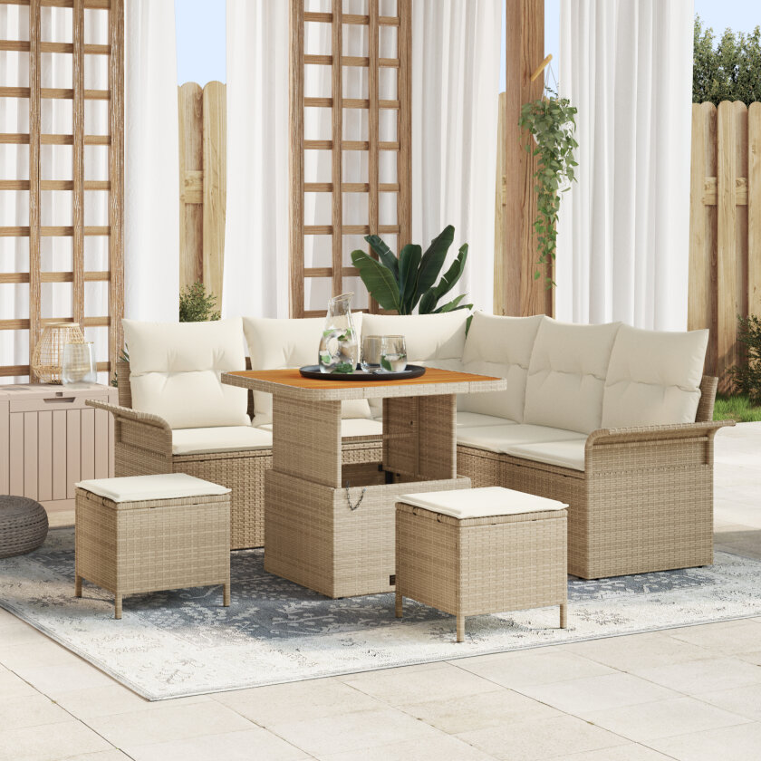 8-delers hagesofa sett med puter beige poly rotting akacia, 2-seters hagesofa med puter beige poly rotting, 3-delt hage spisebord sett med puter beige poly rotting akacia