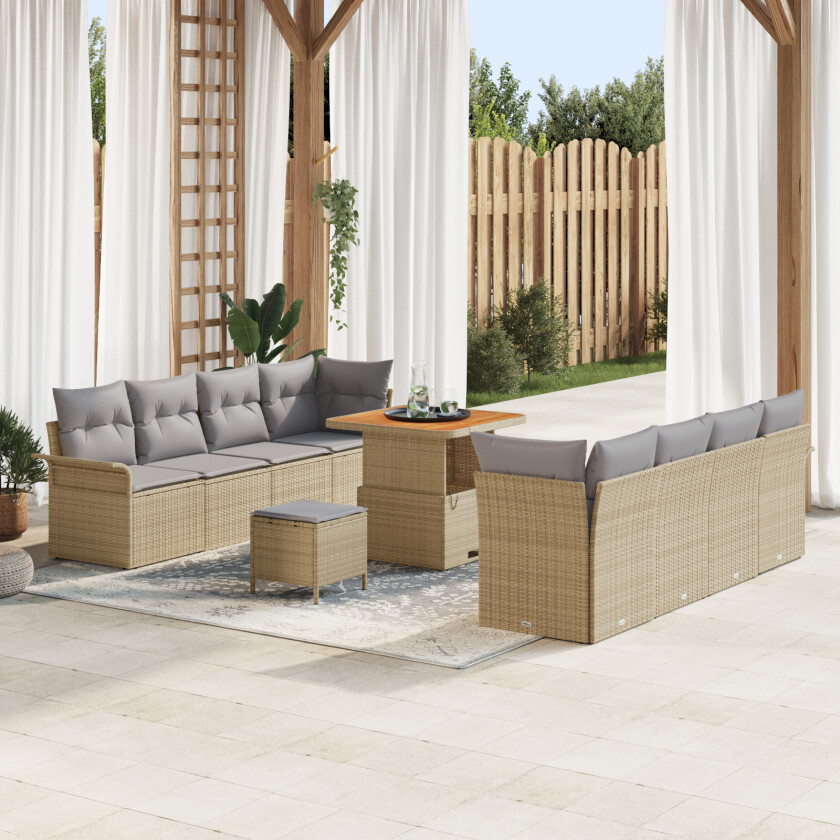 11-delers hagesofa sett med puter beige poly rattan akacia, 2-seters hagesofa med puter beige poly rattan, 3-delers hage spisebord sett med puter beige poly rattan akacia