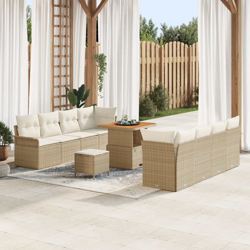 11-delt hagesofa sett med puter Beige Poly Rattan Akasie, 2-seters hagesofa med puter Beige Poly Rattan, 3-delt hage spisesett med puter Beige Poly Rattan Akasie