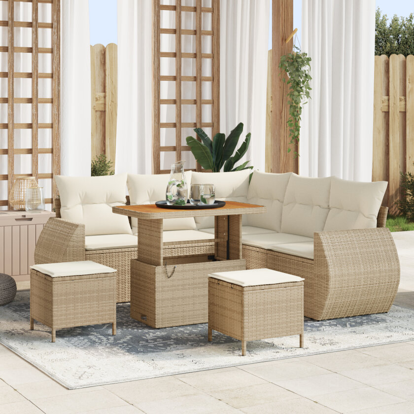 8-delt hage-sofa sett med puter beige poly rotting akacia, 3-delt hage-spisebord sett med puter beige poly rotting akacia