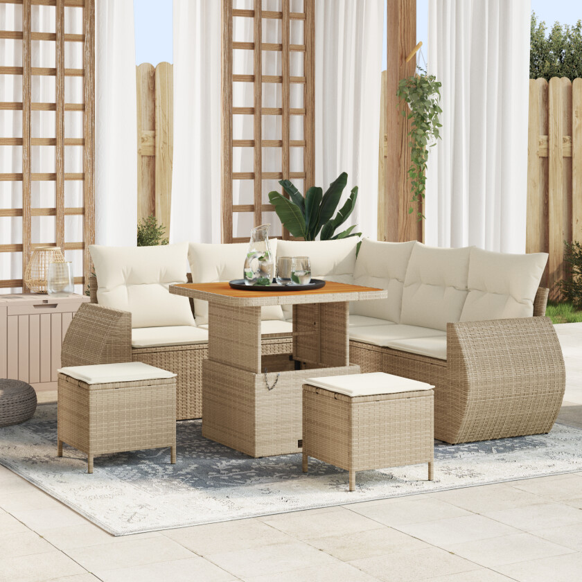 8 Delers Hagesofa Sett med Puter Beige Poly Rattan Akasia, 3 Delers Hage Spise Sett med Puter Beige Poly Rattan Akasia