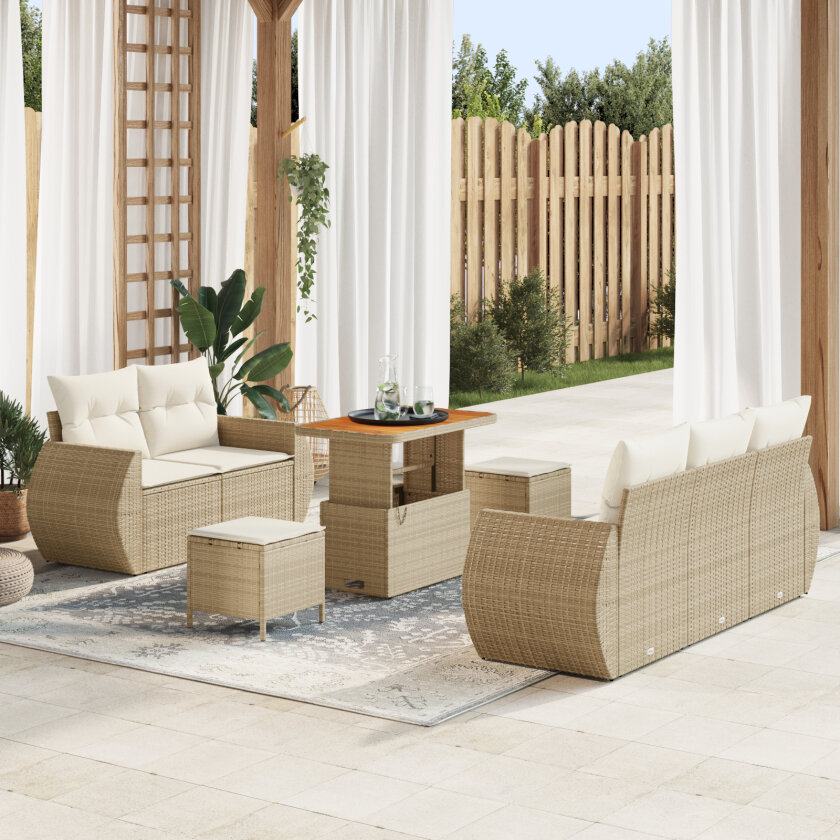 8-delt hagesofa sett med puter beige poly rotting akasie, 3-delt hage spisebord sett med puter beige poly rotting akasie