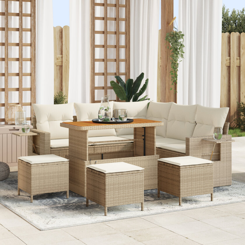 9 Delt Hagesofa Set Med Puter Beige Poly Rattan Akasia, 4 Delt Hage Spisebord Set Med Puter Beige Poly Rattan Akasia