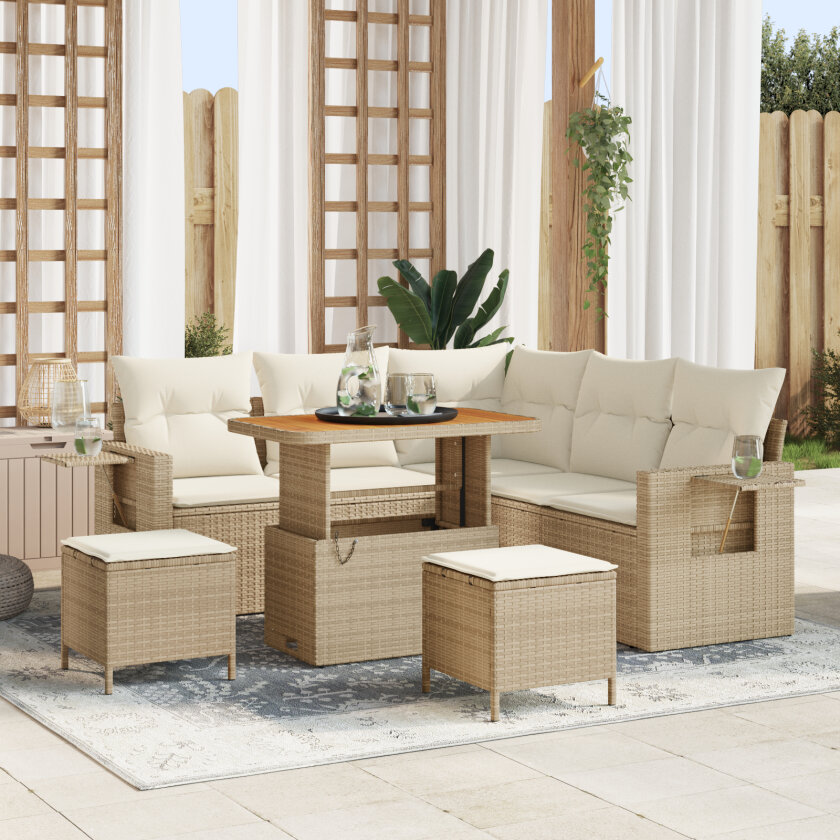 8-delt hagemøbelsett med puter beige poly rattan akacia, 3-delt hage spisesett med puter beige poly rattan akacia