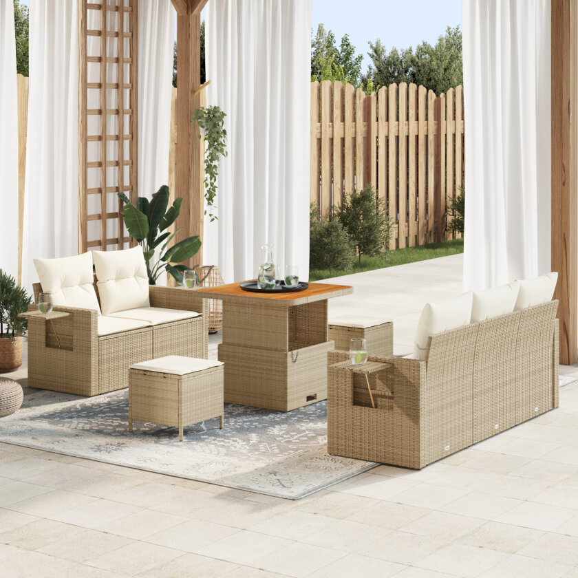 8-delt Hage Sofa Sett med Puter Beige Poly Rottning Akasia, 3-delt Hage Spisestue Sett med Puter Beige Poly Rottning Akasia