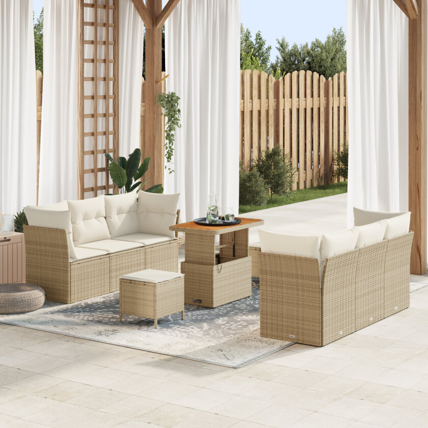 9-delt hagesofa sett med puter Beige Poly Rattan Akasie, 3-delt hage spisebord med puter Beige Poly Rattan Akasie