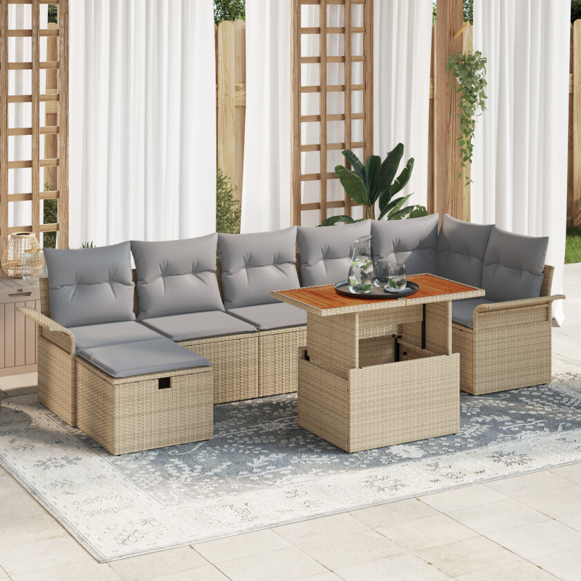 8 Delt Hagesofa Sett med Puter Beige Poly Rattan, 2-seters Hagesofa med Oppbevaring & Puter Beige Poly Rattan