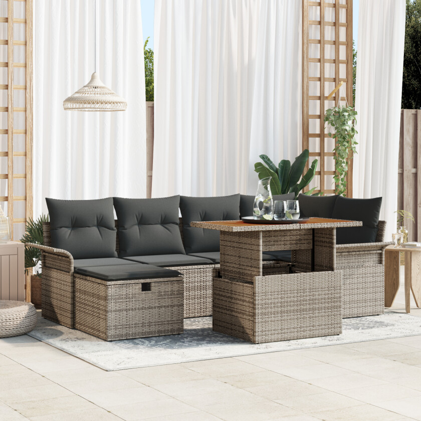 7-delt hagemøbelsett med puter i grå polyrotting, 2-seters hagesofa med oppbevaring & puter i grå polyrotting
