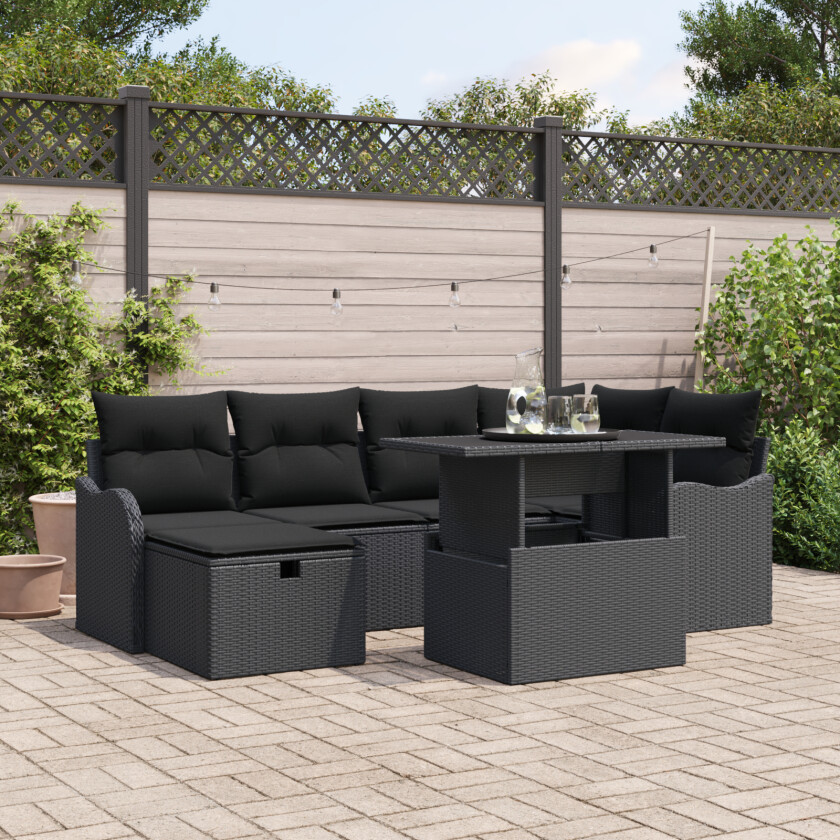 7-delt Hagesofa Set med Puter Svart Poly Rattan, 2-seters Hagesofa med Oppbevaring & Puter Svart Poly Rattan