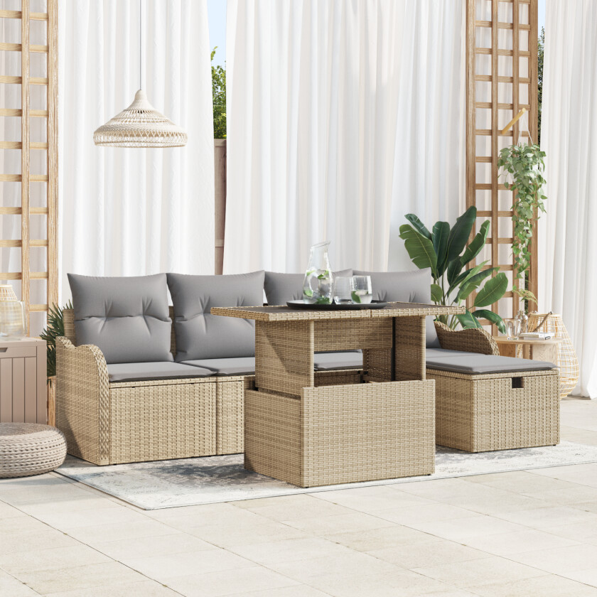 6 Delt Hage Sofa Sett med Puter Beige Poly Rattan, 2-Personers Hage Sofa med Puter Beige Poly Rattan