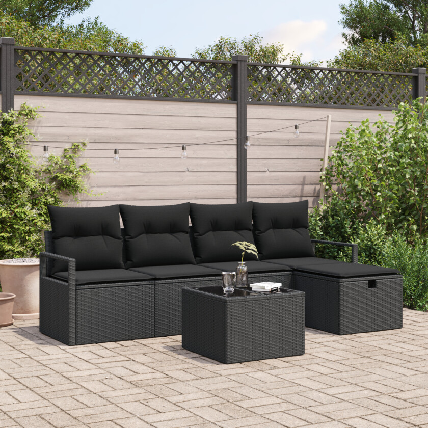 6-delers Hage Sofa Sett med Puter Svart Poly Rottning, 2-seters Hage Sofa med Oppbevaring & Puter Svart Poly Rottning