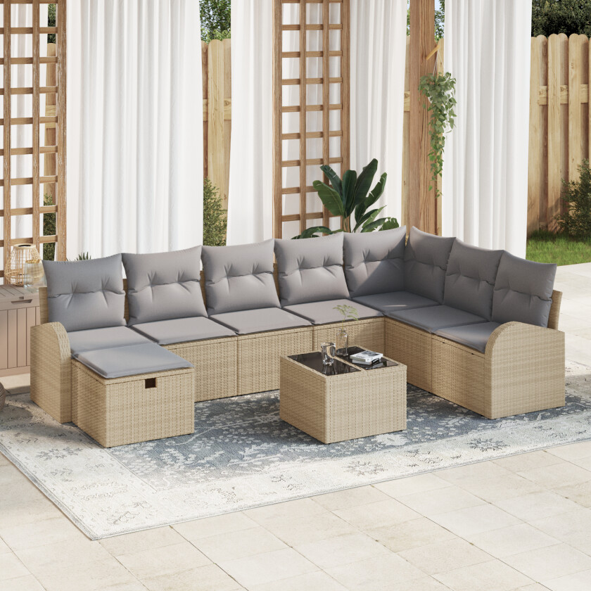 9 Delers Hagesofa Sett med Puter Beige Poly Rattan, 2-seters Hagesofa med Oppbevaring & Puter Beige Poly Rattan